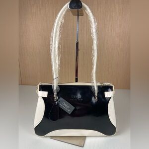 💐 Beijo Black Patent Shoulder Bag White Trim Structured Purse